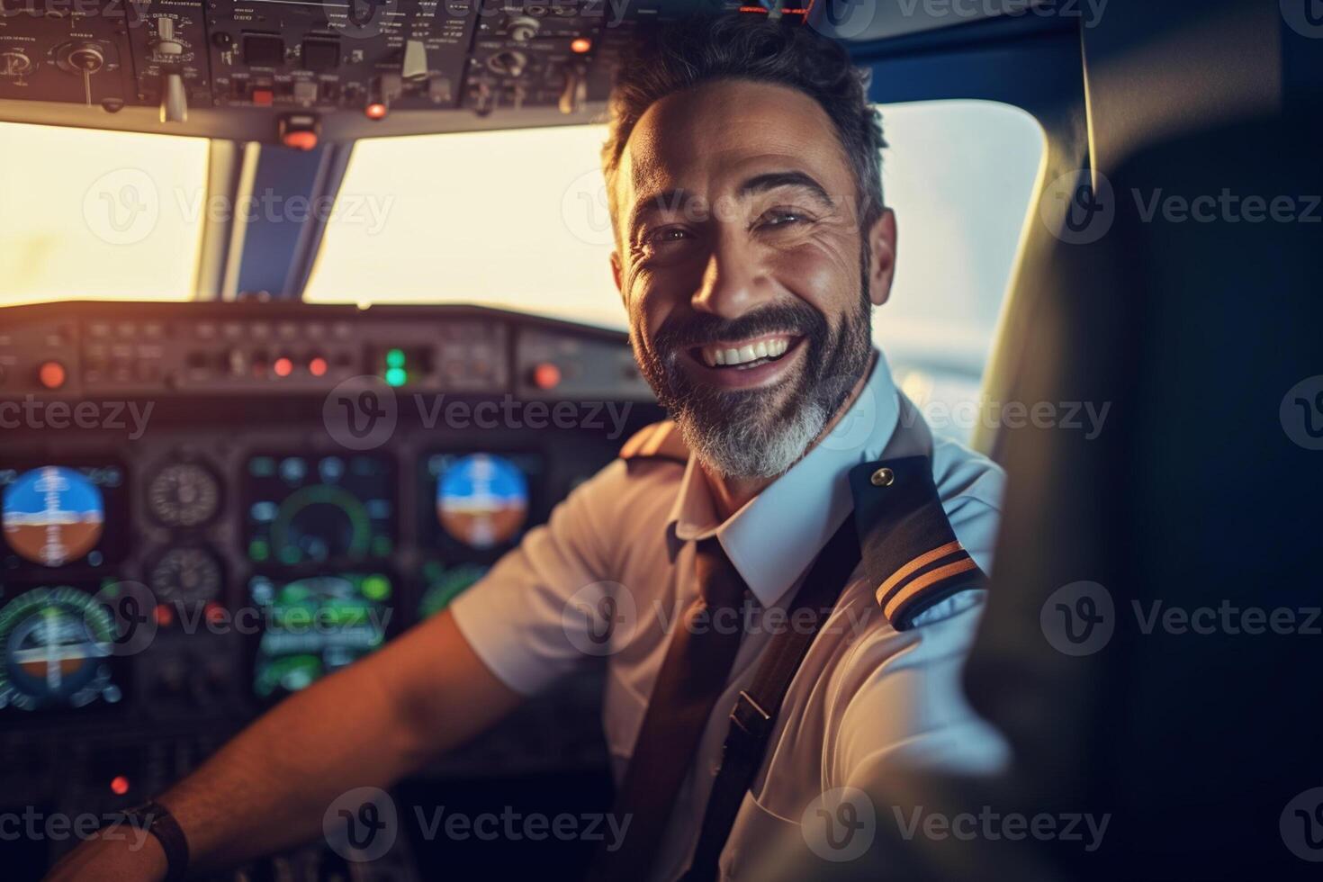 the cockpit of a plane with a happy man pilot with photo