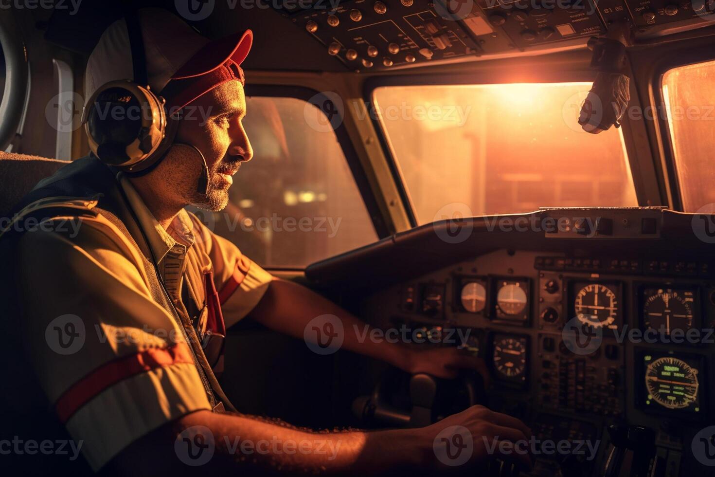 the cockpit of a plane with a happy man pilot with photo