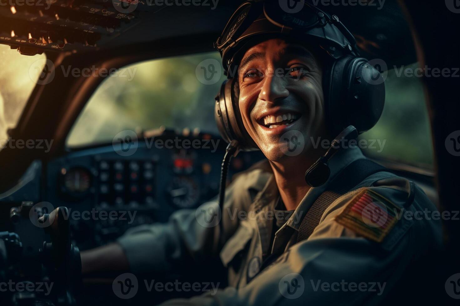 the cockpit of a plane with a happy man pilot with photo