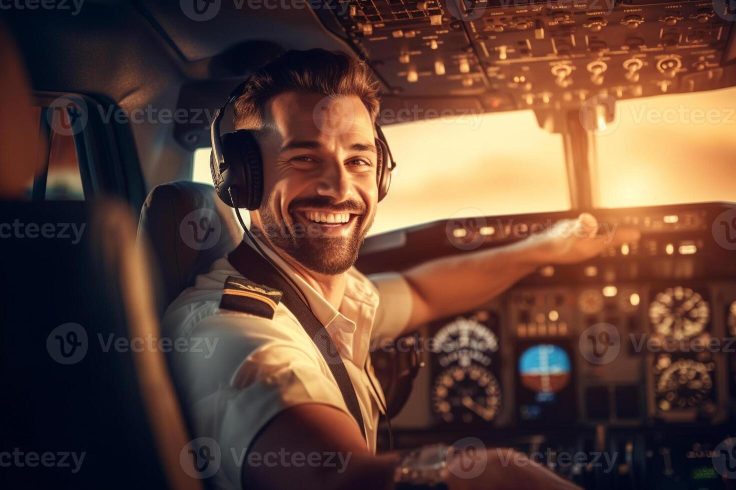 the cockpit of a plane with a happy man pilot with photo