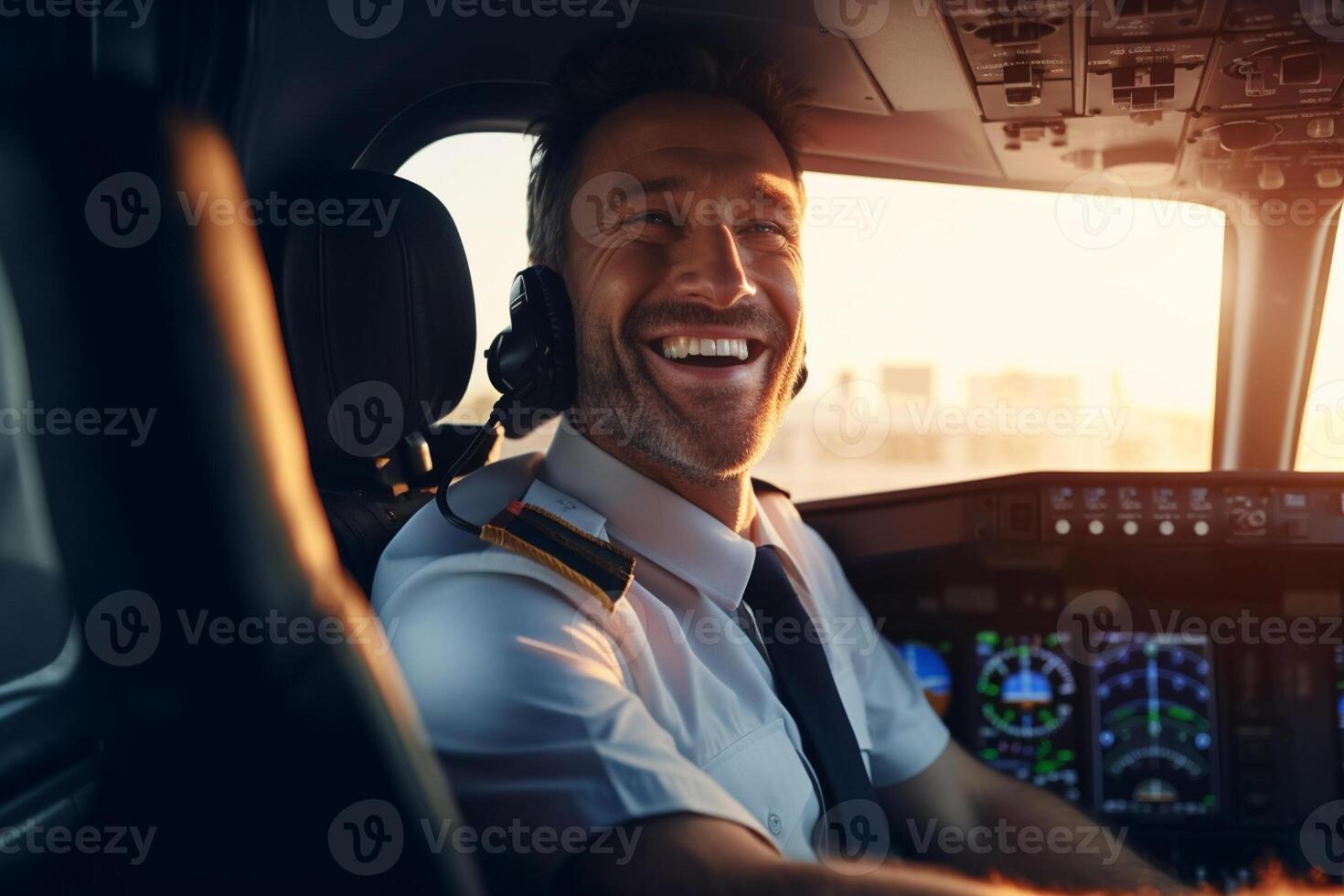 the cockpit of a plane with a happy man pilot with photo