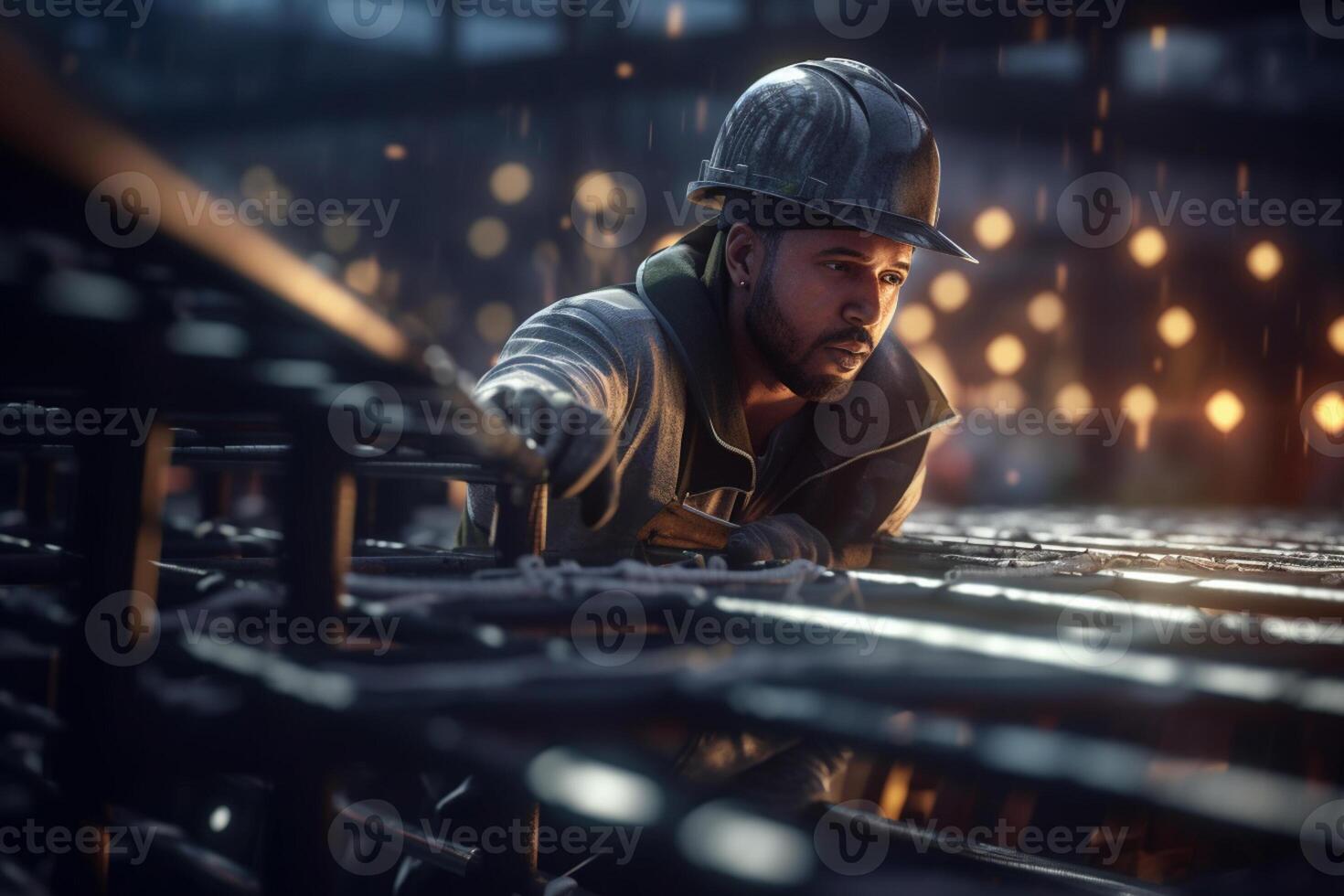 a worker is constructing structural steel of the construction site with photo