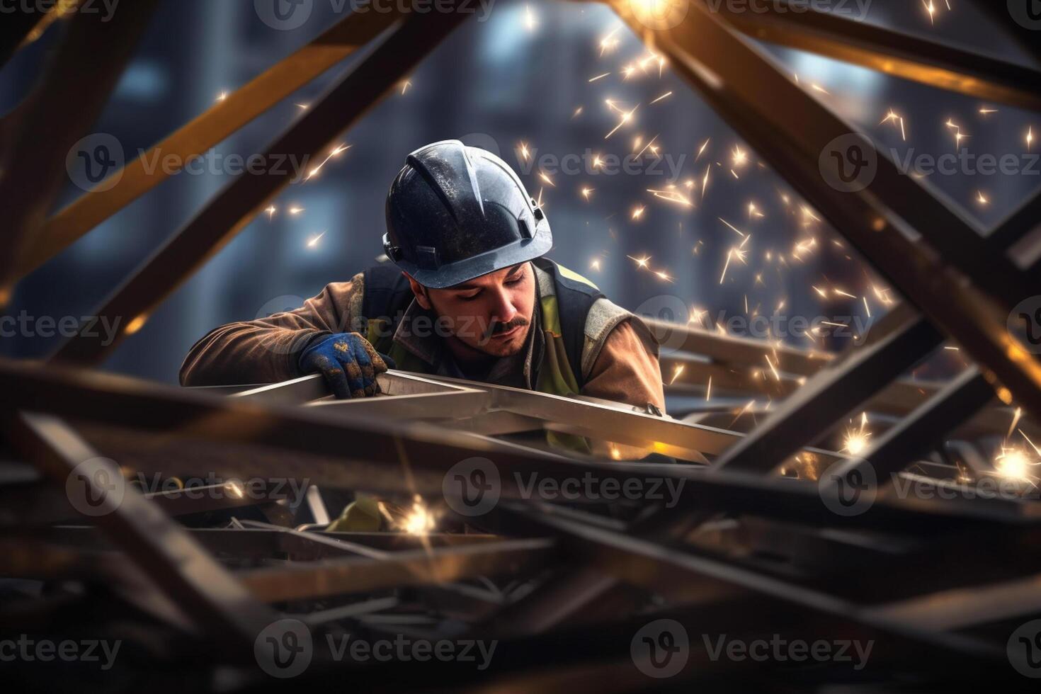 a worker is constructing structural steel of the construction site with photo
