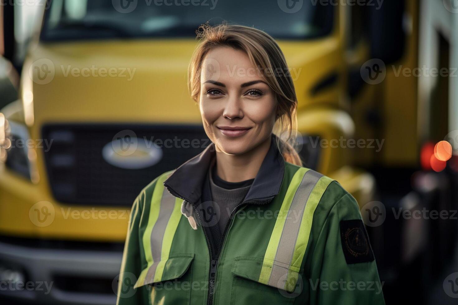 a smiling female truck driver standing in front of her truck with photo