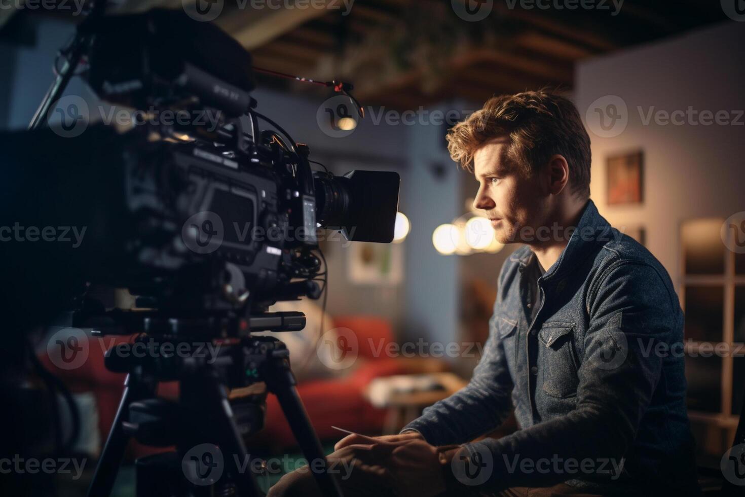 director speaks on the set of a movie production with photo