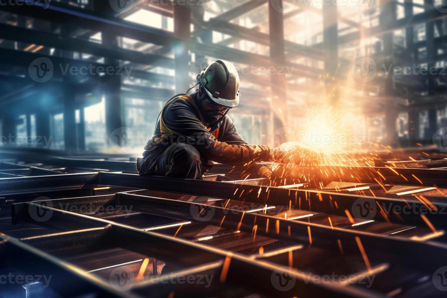 a worker is constructing structural steel of the construction site with photo