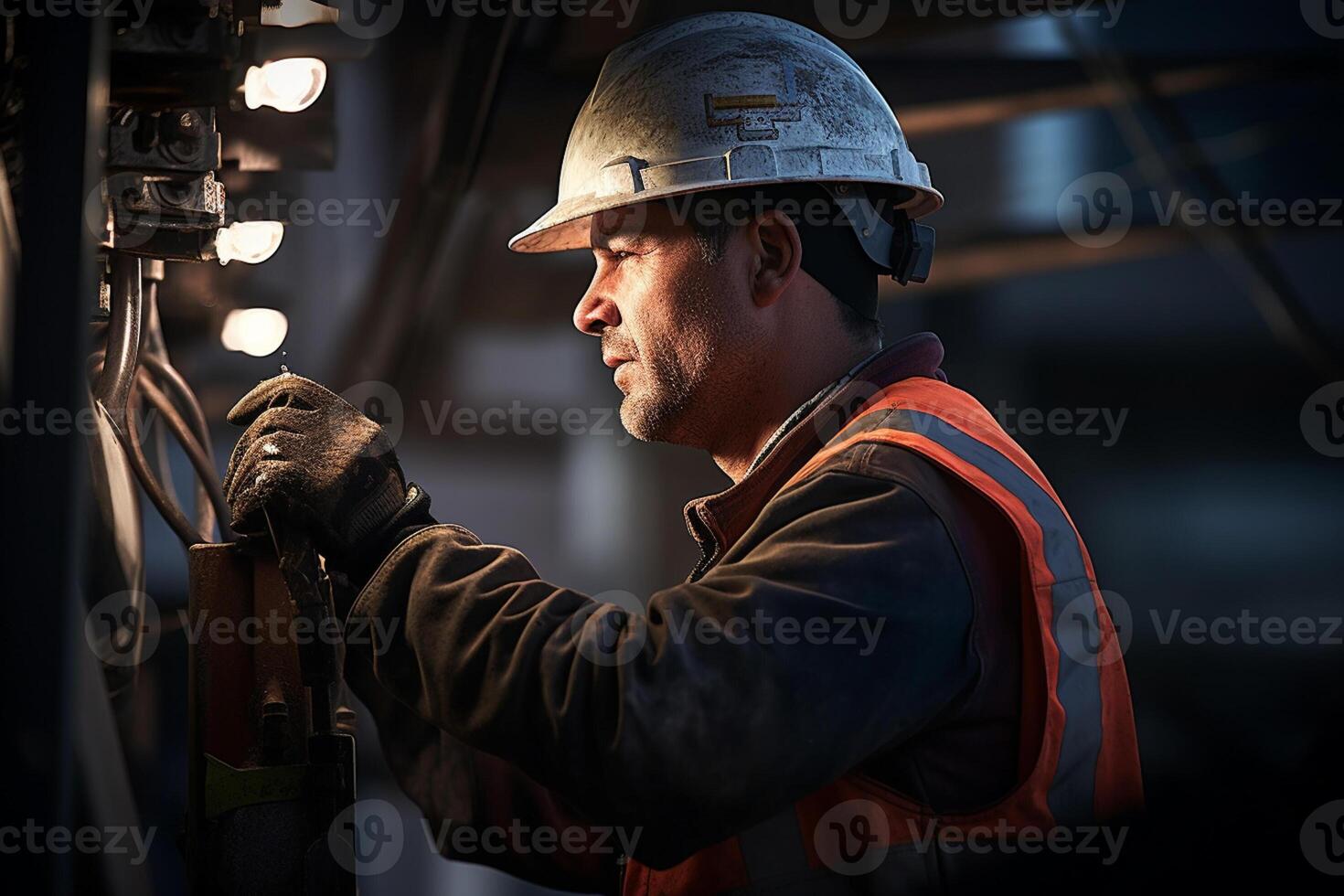 a electrician fixing power pole with photo