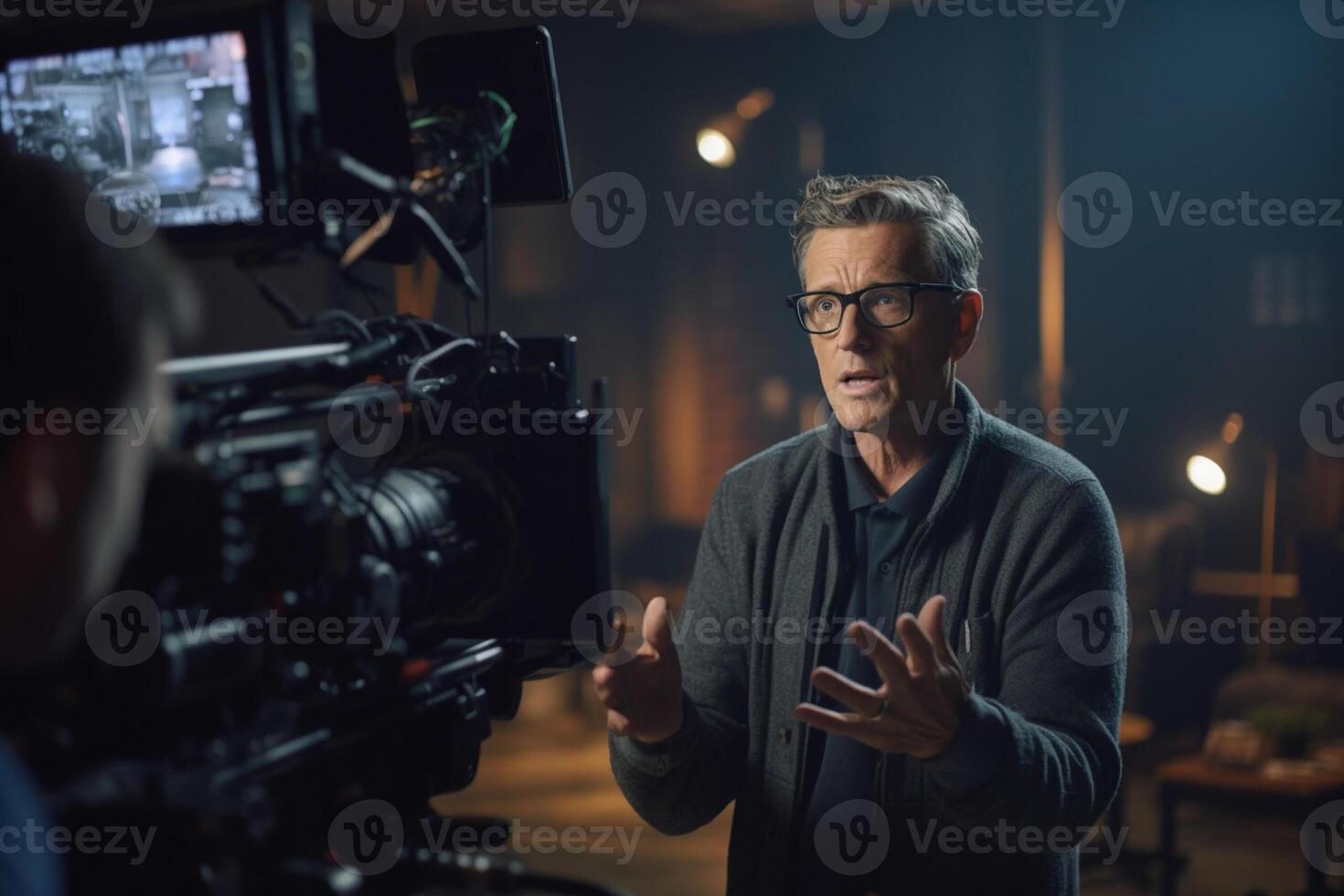 director speaks on the set of a movie production with photo