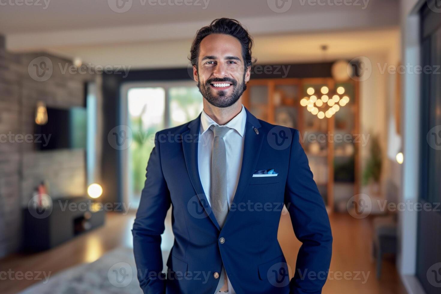 smiling male Real Estate Agent in a suit stands in new home with photo