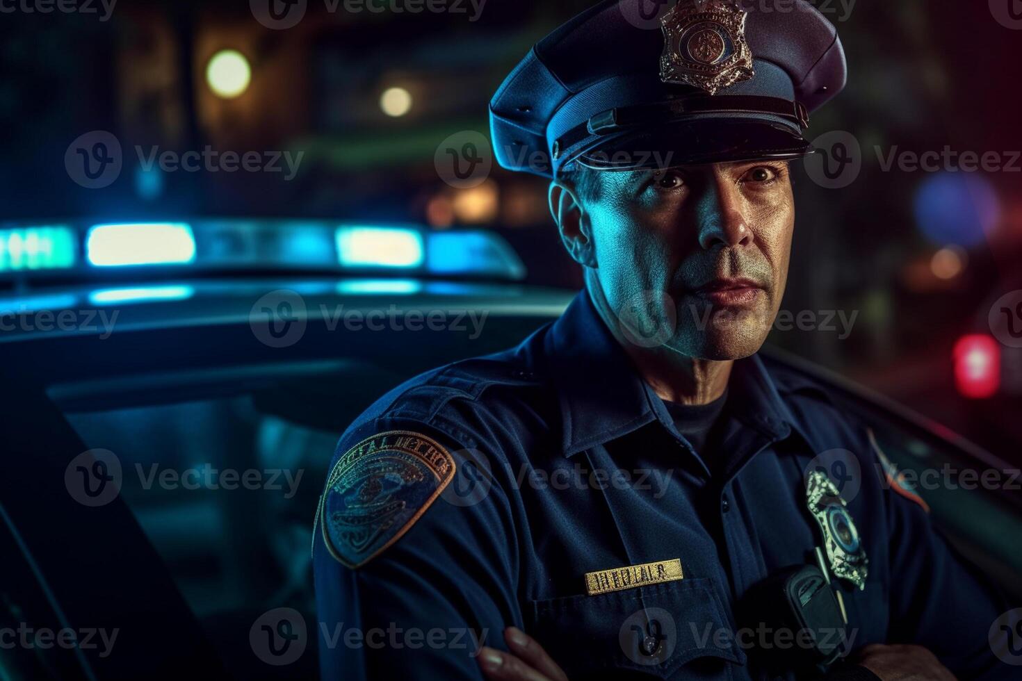male police officer speaking on the radio with police car behind him with photo