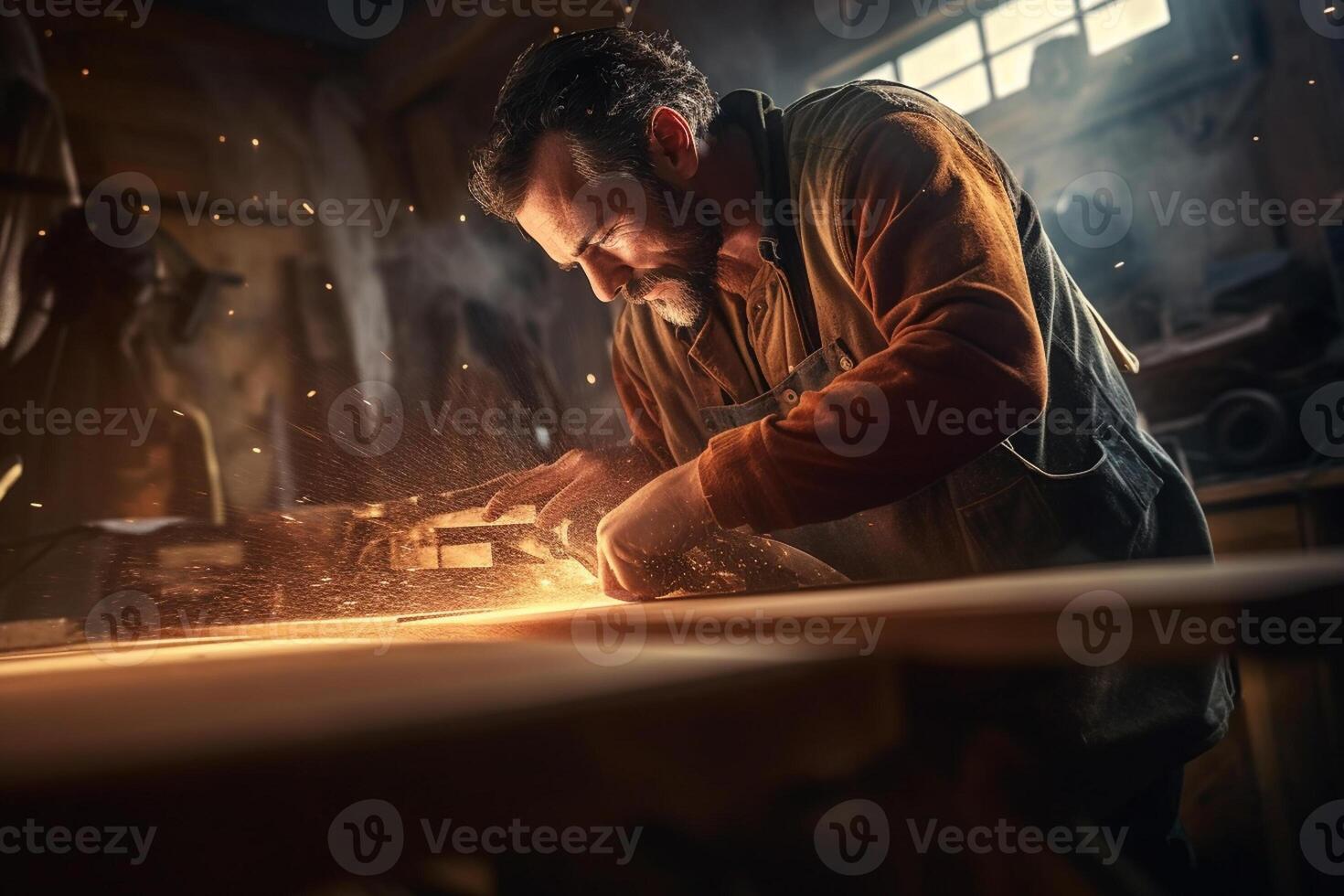 carpenter using a saw on wood in the workshop with photo