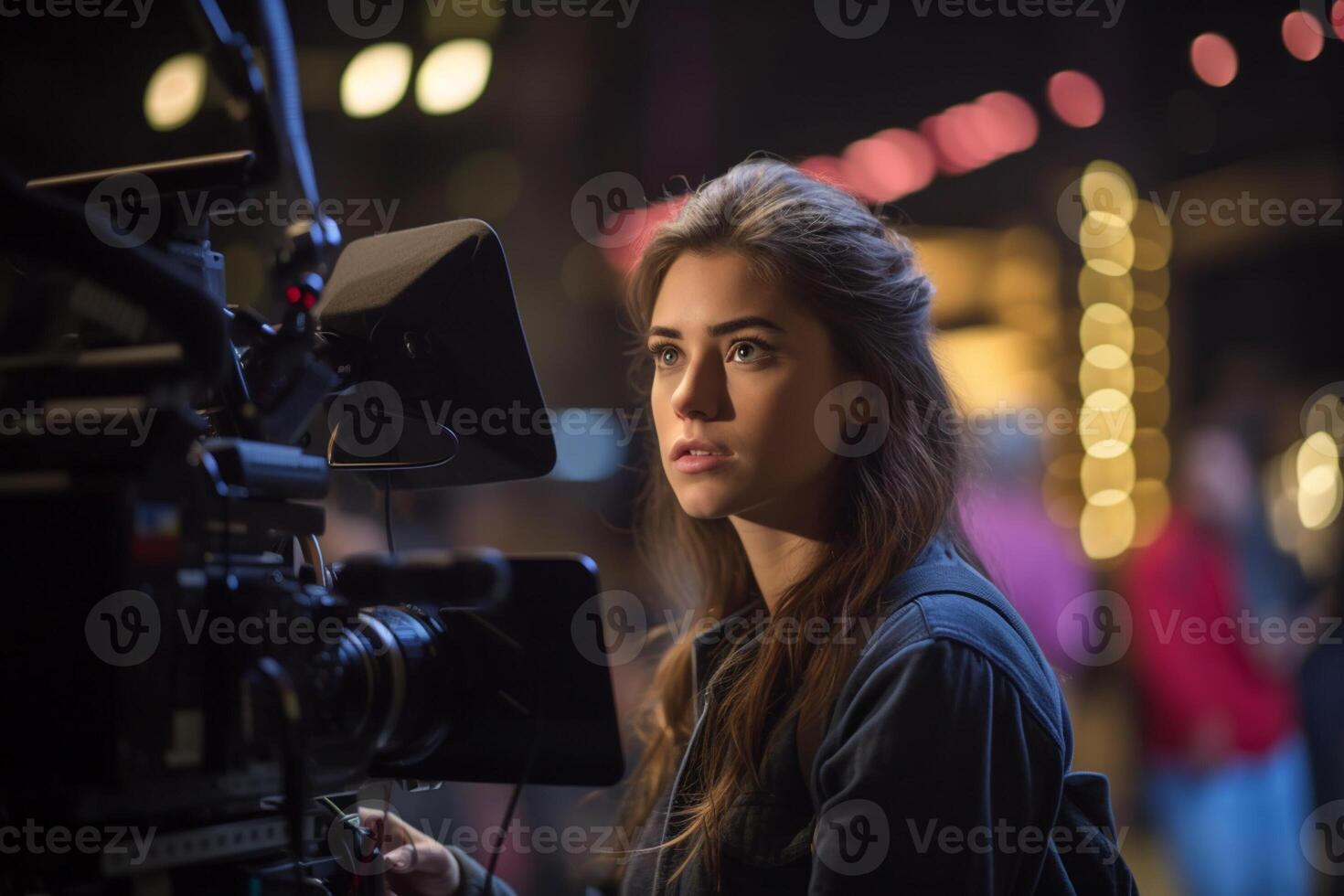 female director speaks on the set of a movie production with photo