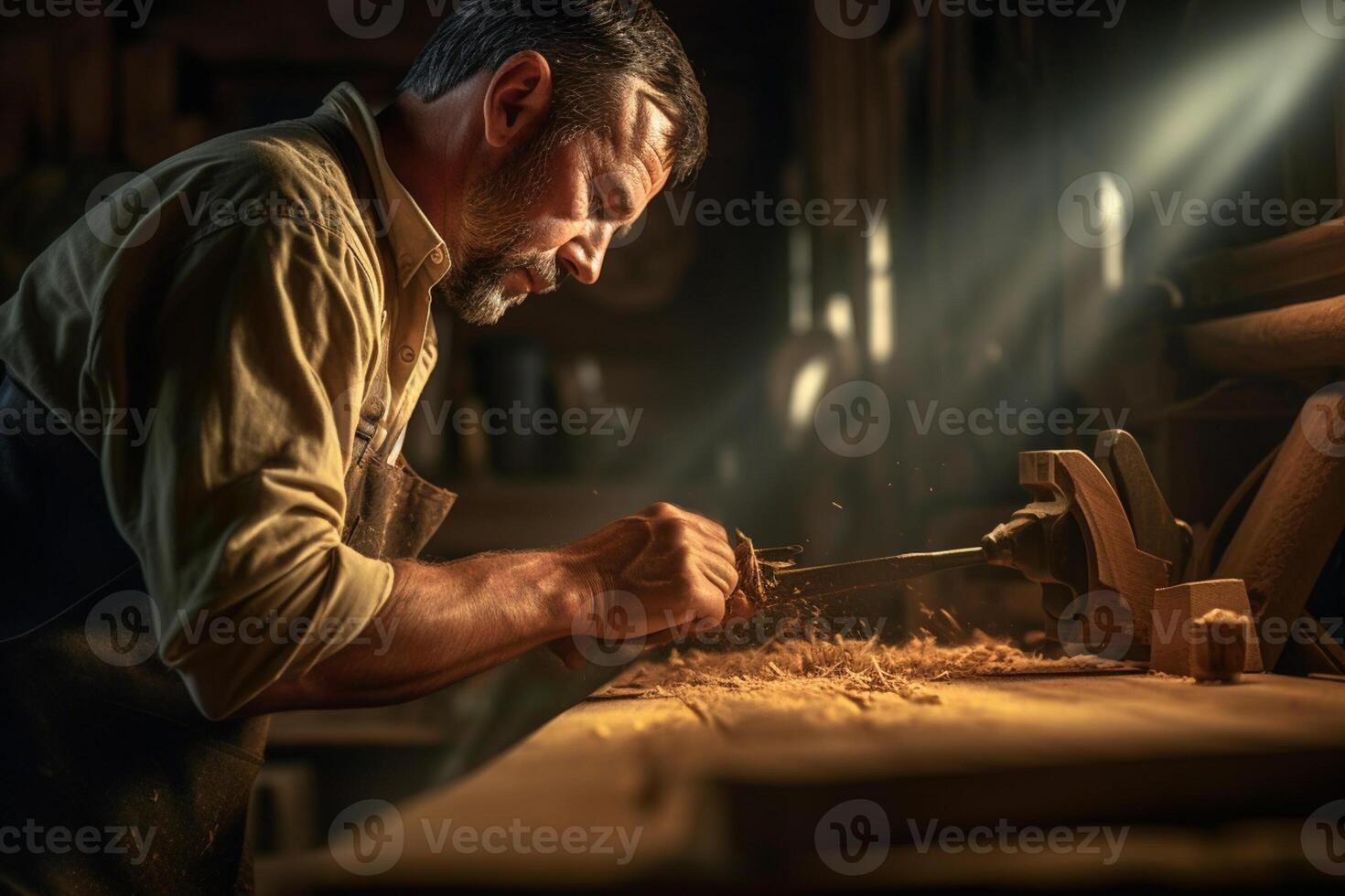 carpenter using a saw on wood in the workshop with photo