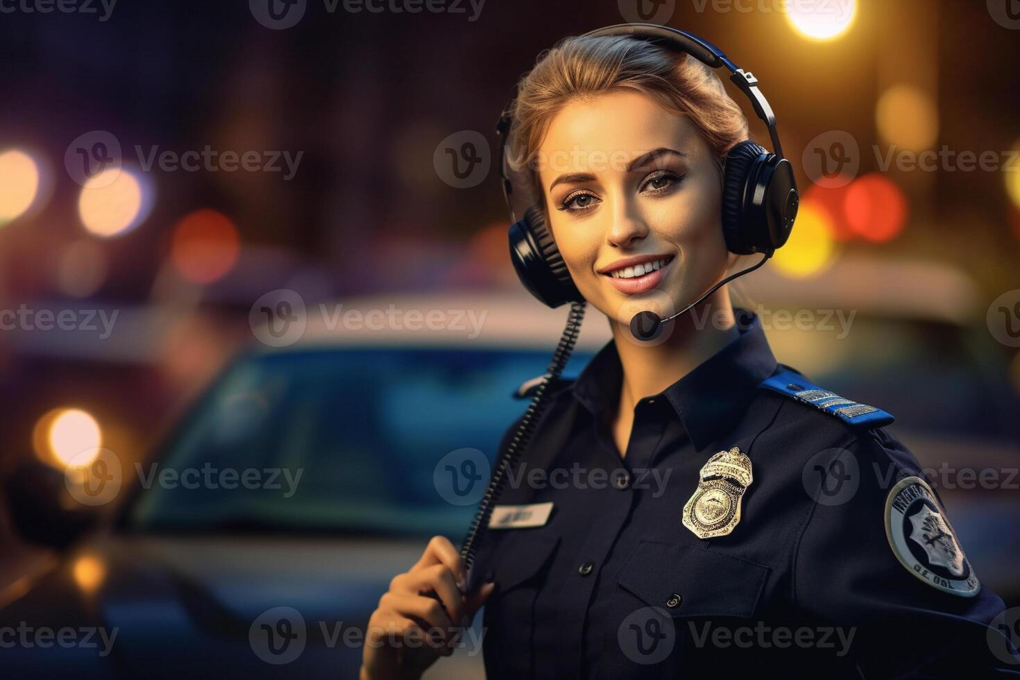 female police officer speaking on the radio with police car behind her with photo