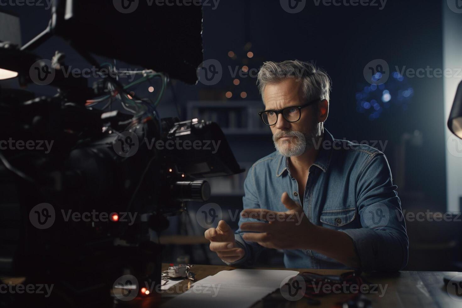 director speaks on the set of a movie production with photo