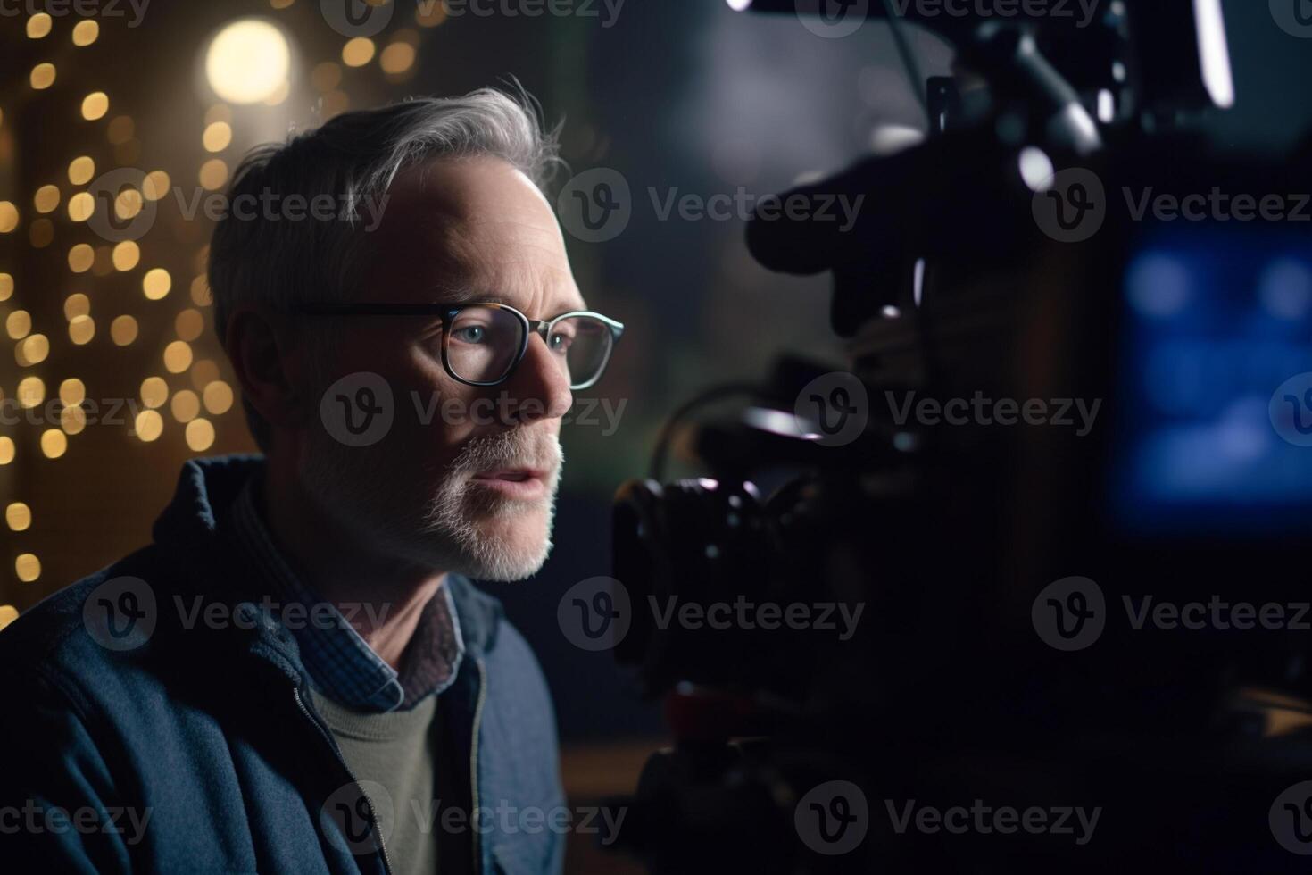 director speaks on the set of a movie production with photo