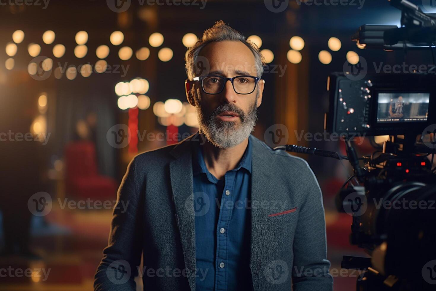 director speaks on the set of a movie production with photo