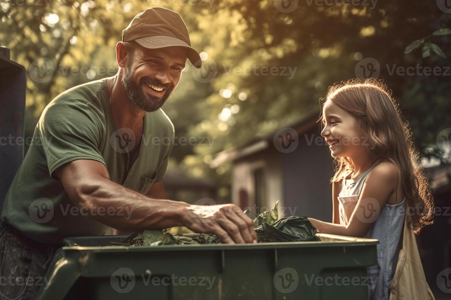 happy father and daughter collect garbage from a green recycling bin at the household with photo