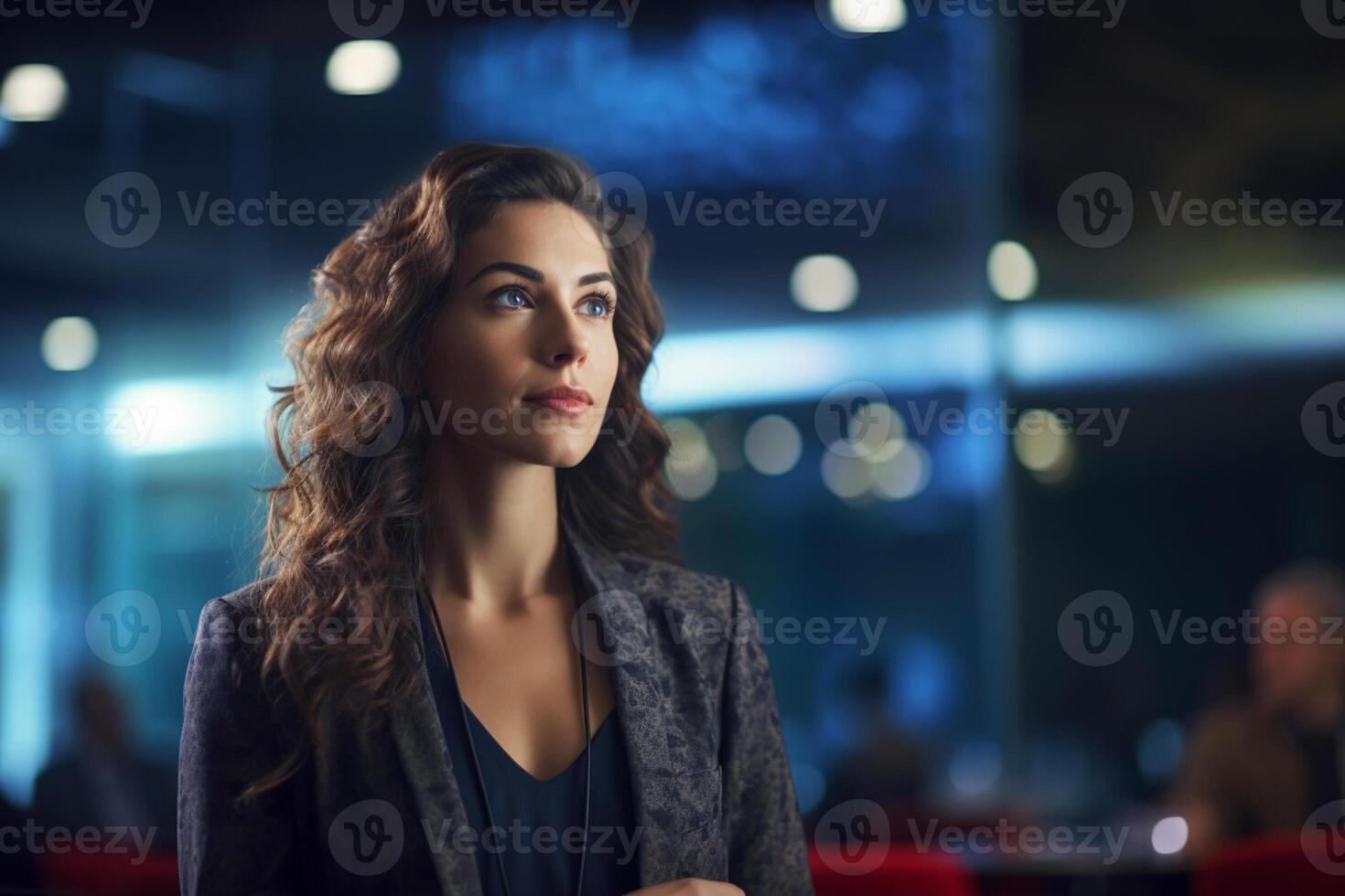 a woman presenting at a modern conference room with photo