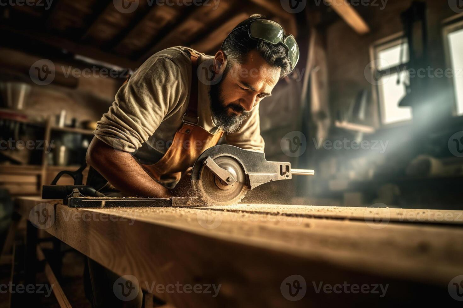 carpenter using a saw on wood in the workshop with photo