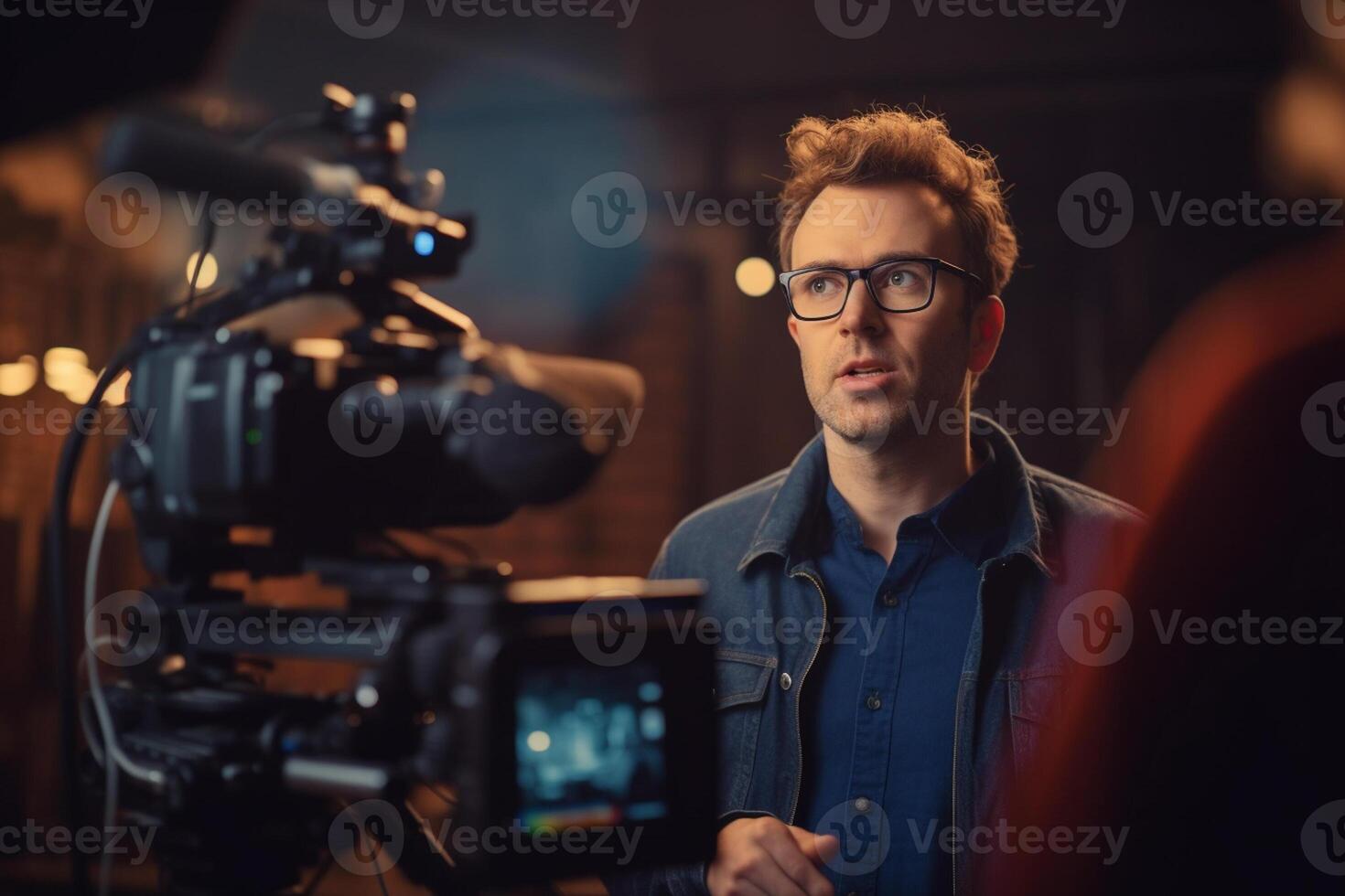 director speaks on the set of a movie production with photo