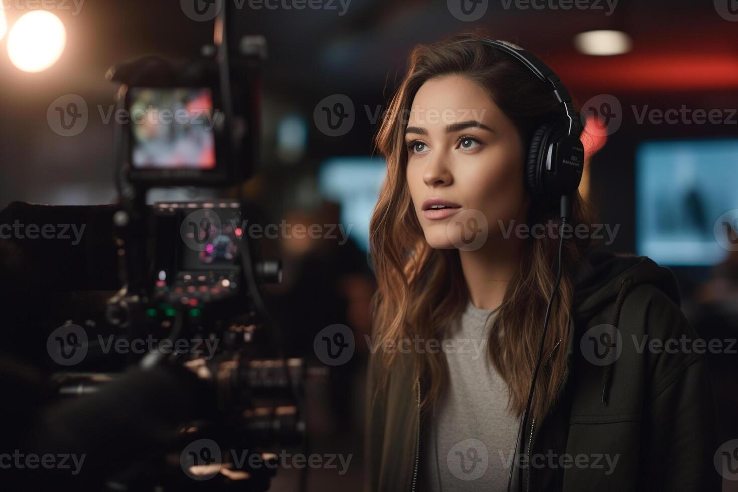 female director speaks on the set of a movie production with photo