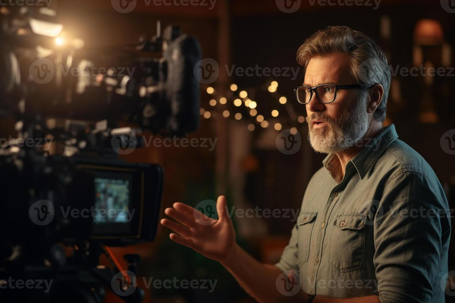 director speaks on the set of a movie production with photo
