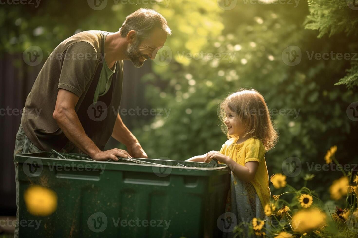 happy father and daughter collect garbage from a green recycling bin at the household with photo