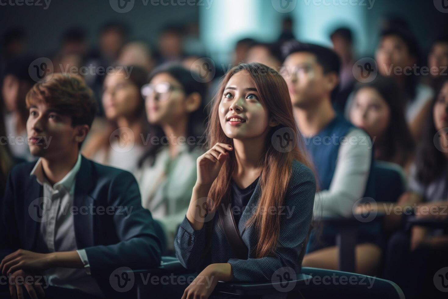 students listening to lecture at a lecture theatre with photo
