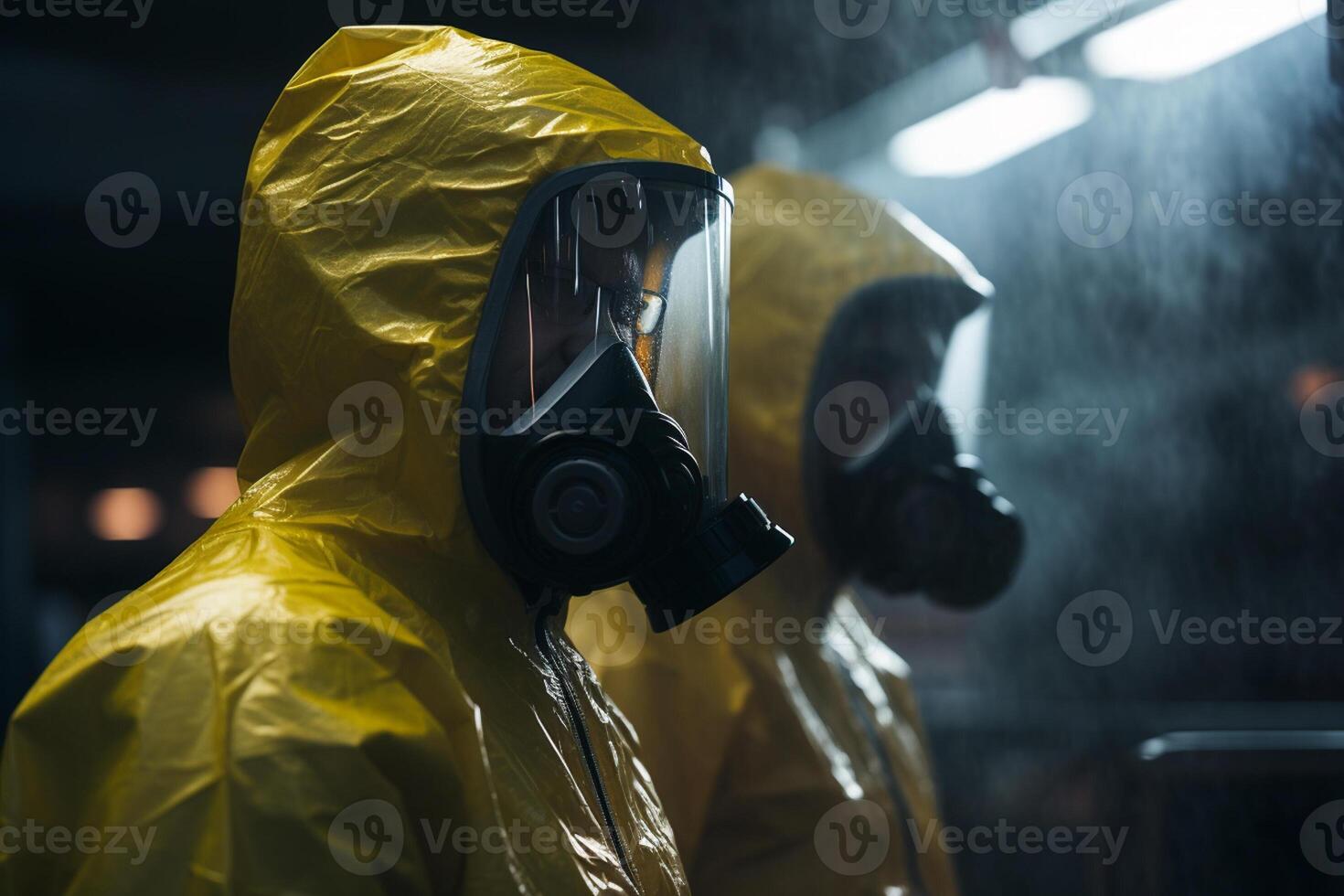 two engineering workers in protective suit standing in a factory with photo