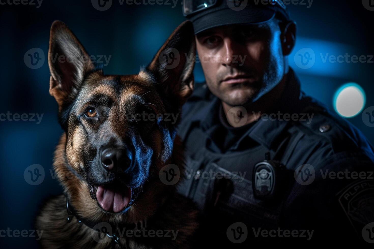 policeman with his german shepard with photo