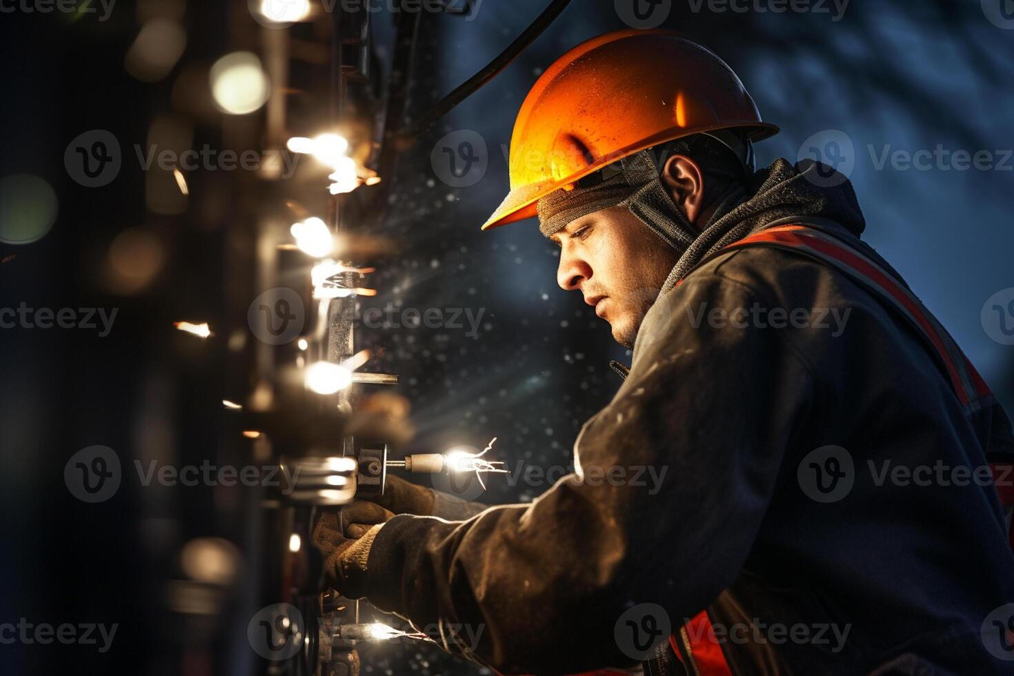 a electrician fixing power pole with photo