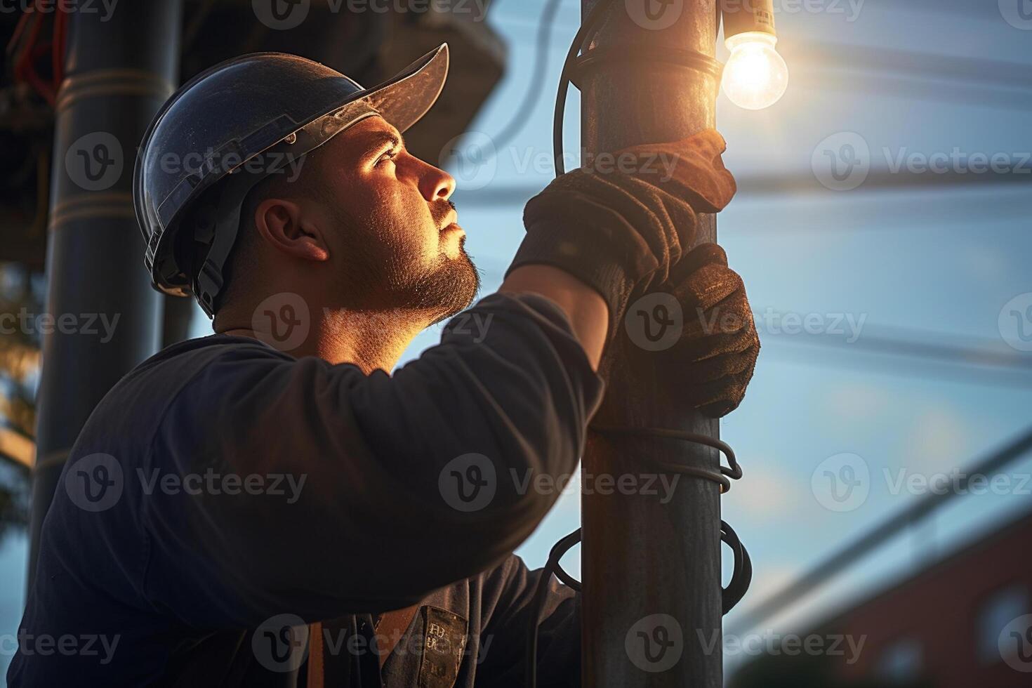 a electrician fixing power pole with photo