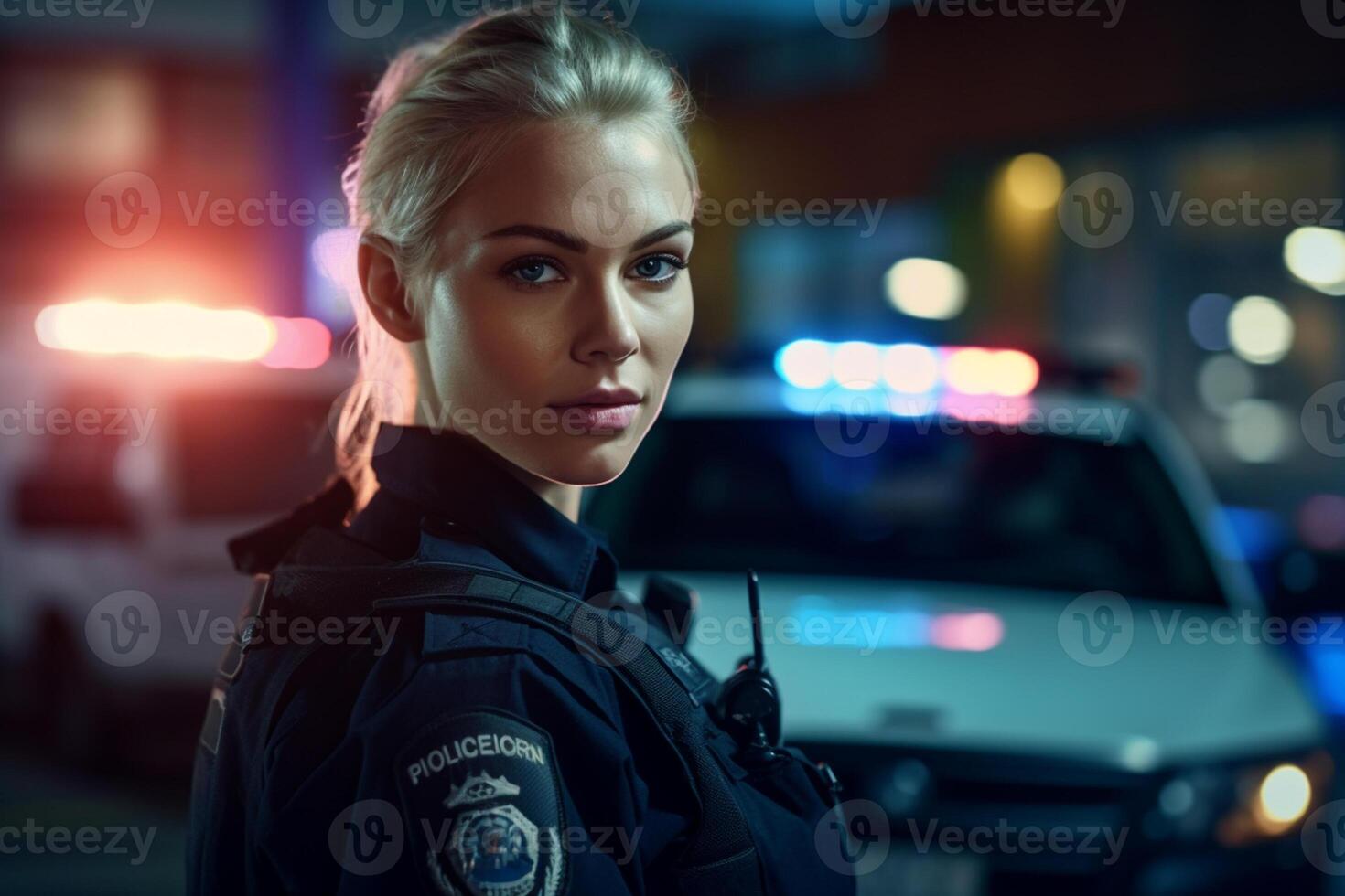 female police officer speaking on the radio with police car behind her with photo