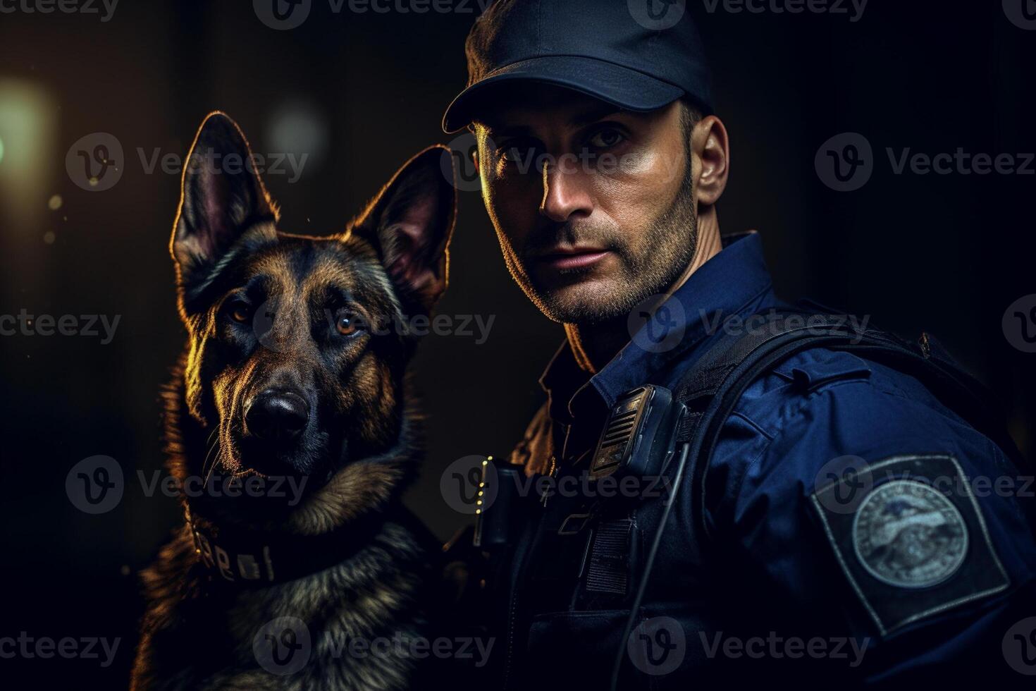 policeman with his german shepard with photo