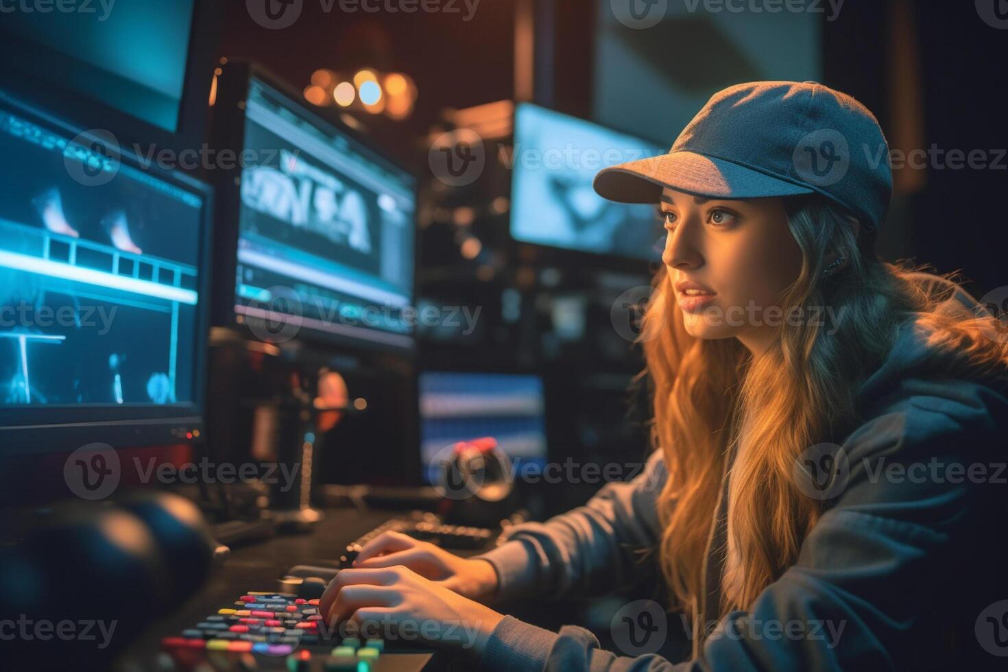 female director speaks on the set of a movie production with photo