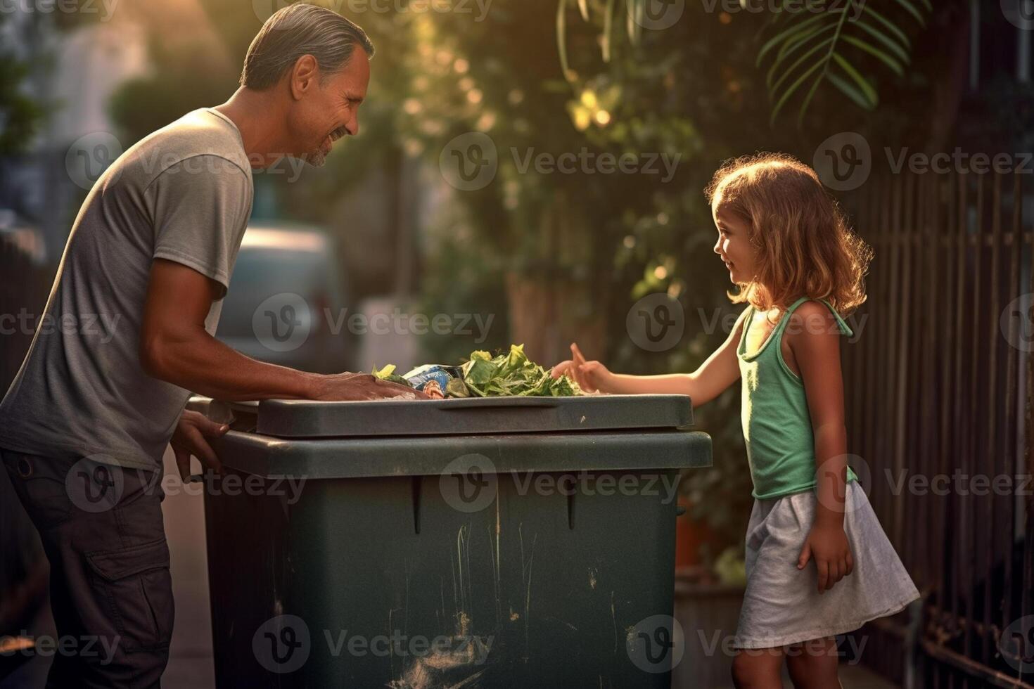 happy father and daughter collect garbage from a green recycling bin at the household with photo