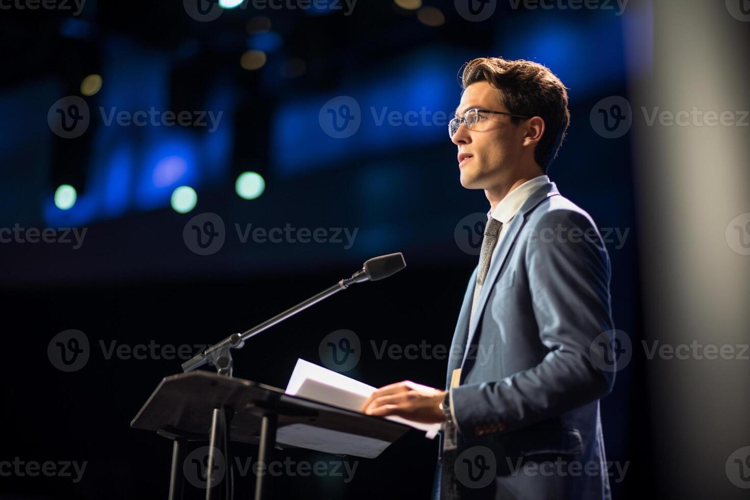 young man giving a talk at a conference in a bright stage with photo