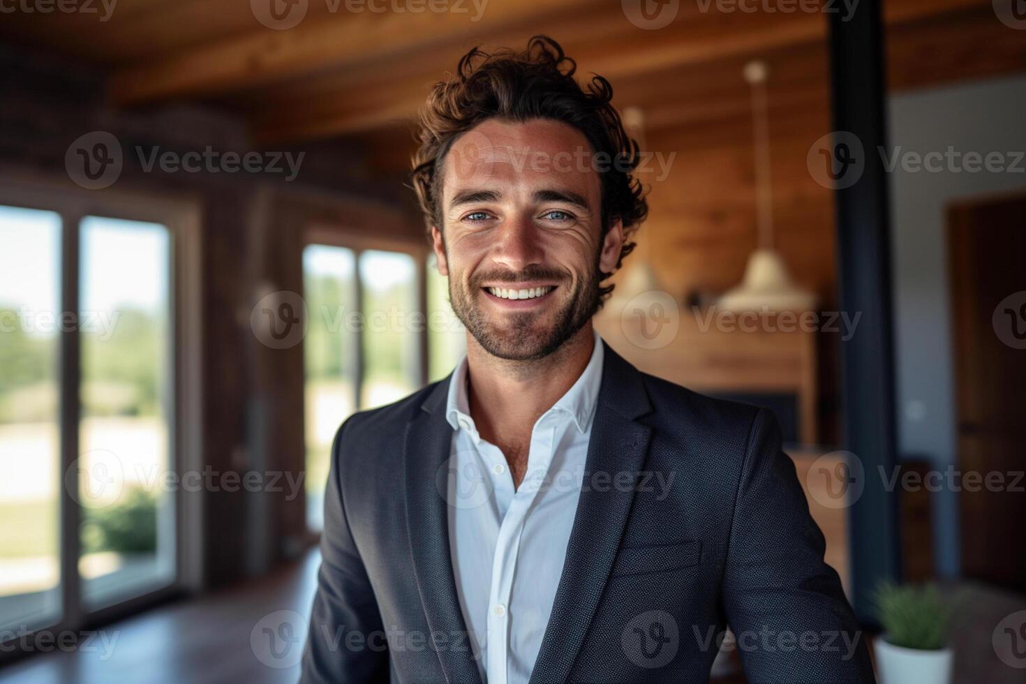 smiling male Real Estate Agent in a suit stands in new home with photo