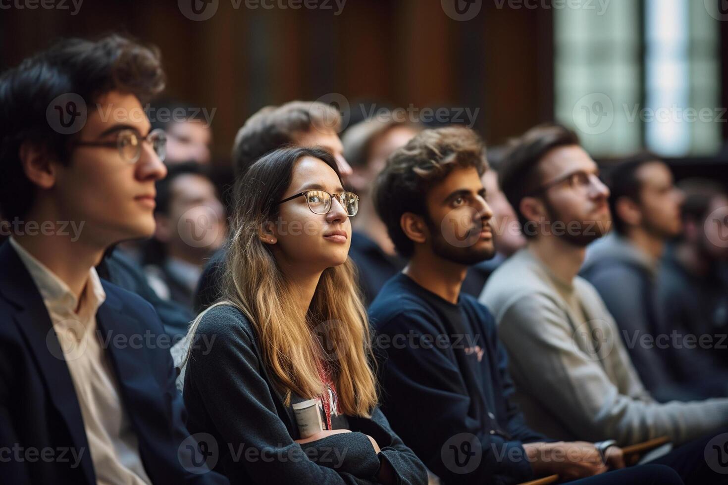students listening to lecture at a lecture theatre with photo