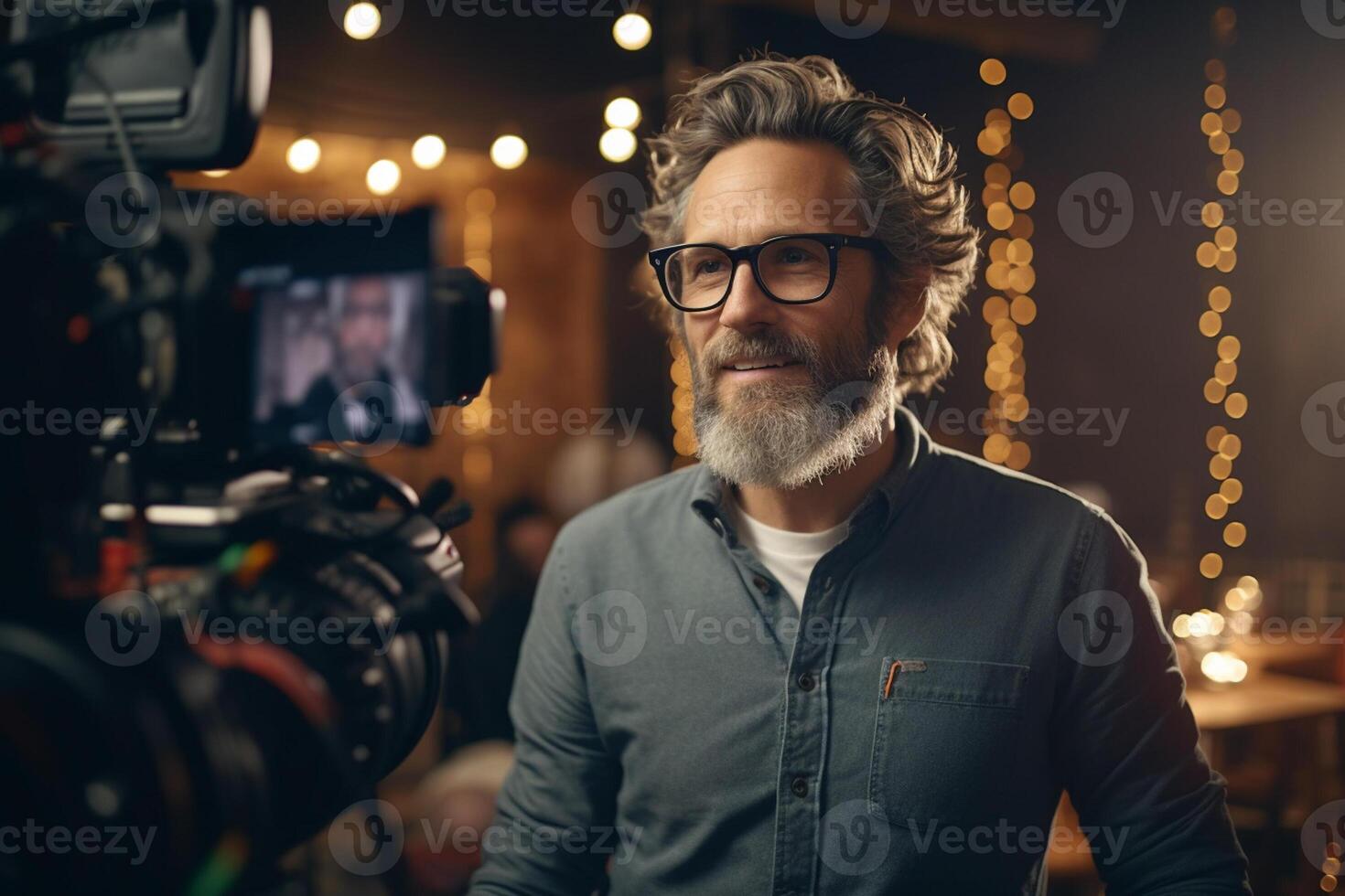 director speaks on the set of a movie production with photo