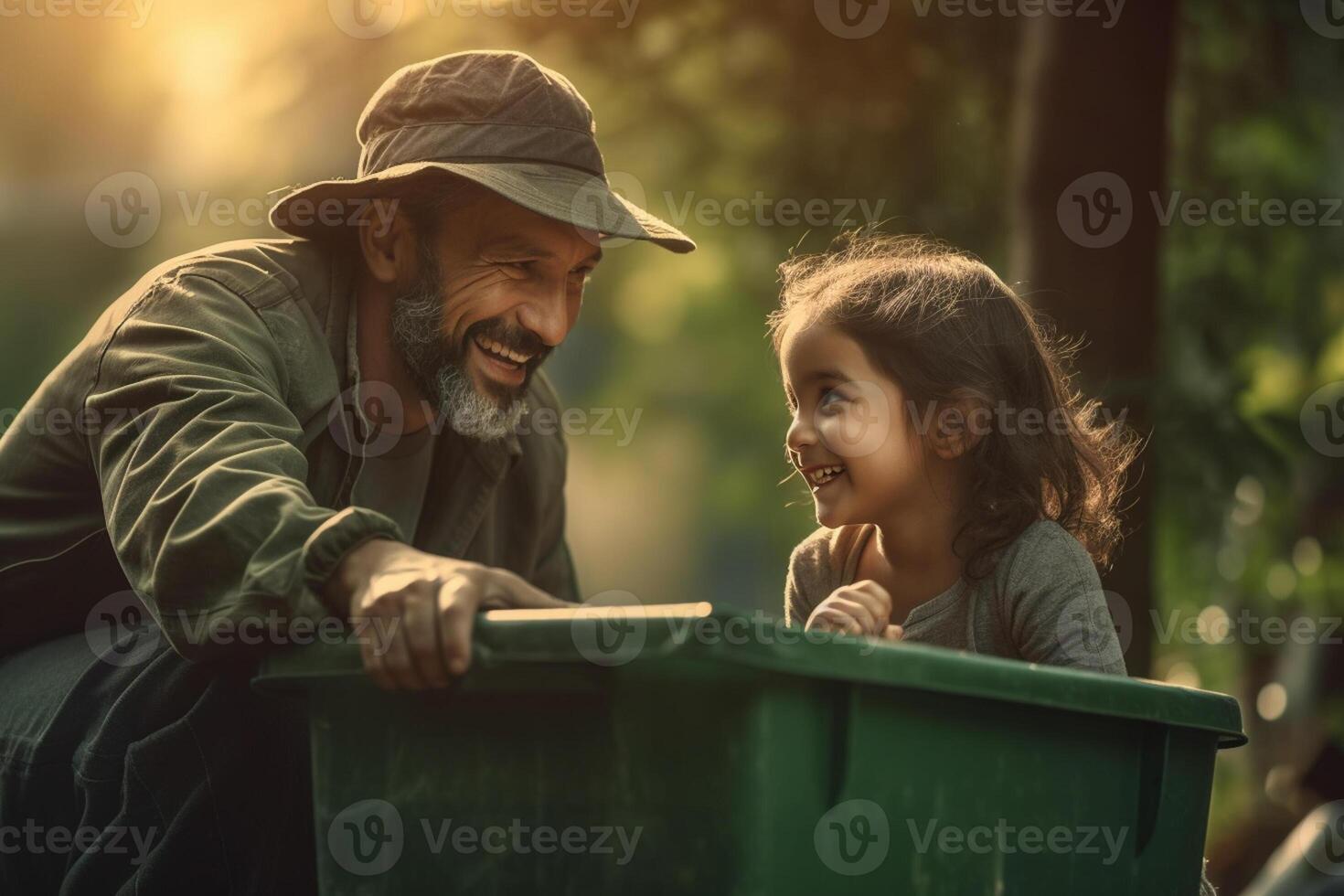 happy father and daughter collect garbage from a green recycling bin at the household with photo