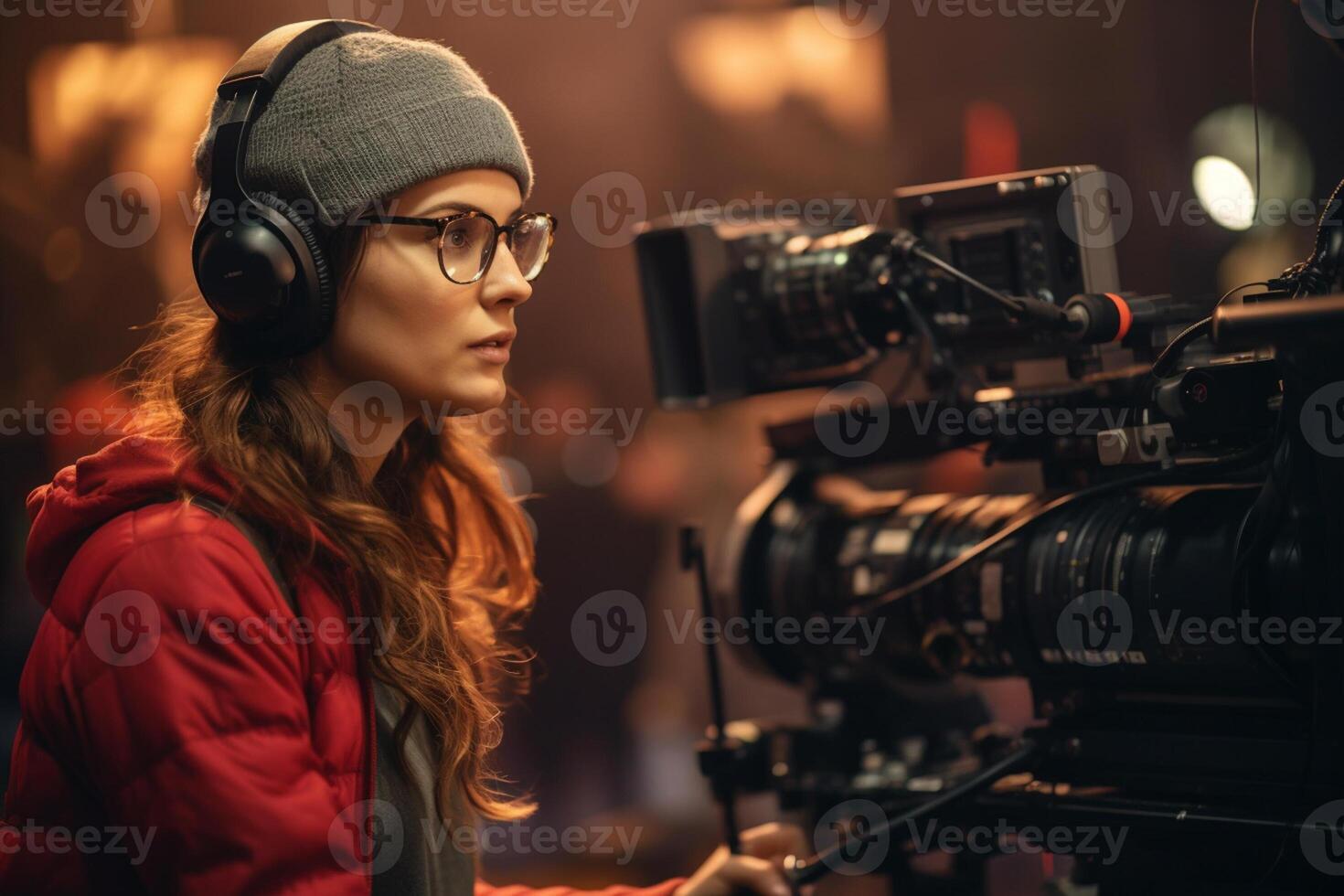 female director speaks on the set of a movie production with photo