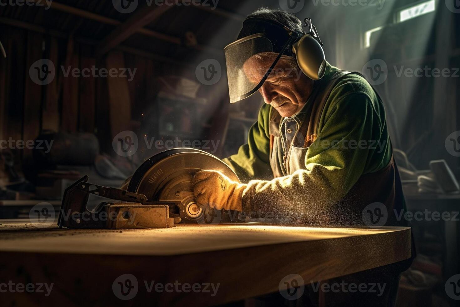 carpenter using a saw on wood in the workshop with photo