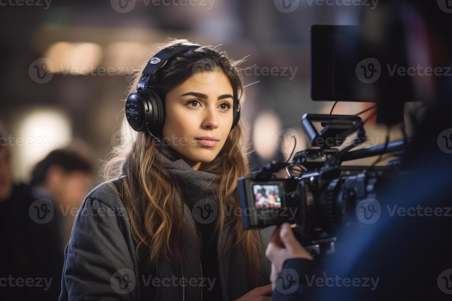 female director speaks on the set of a movie production with photo