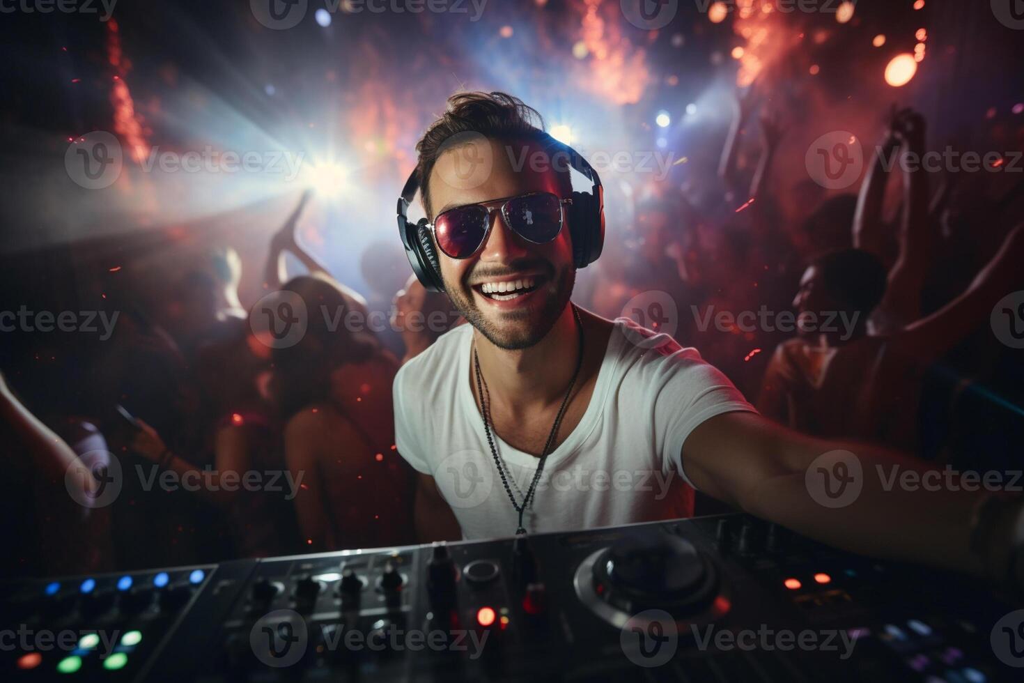 happy people and dj at the music party in the dark night club with photo