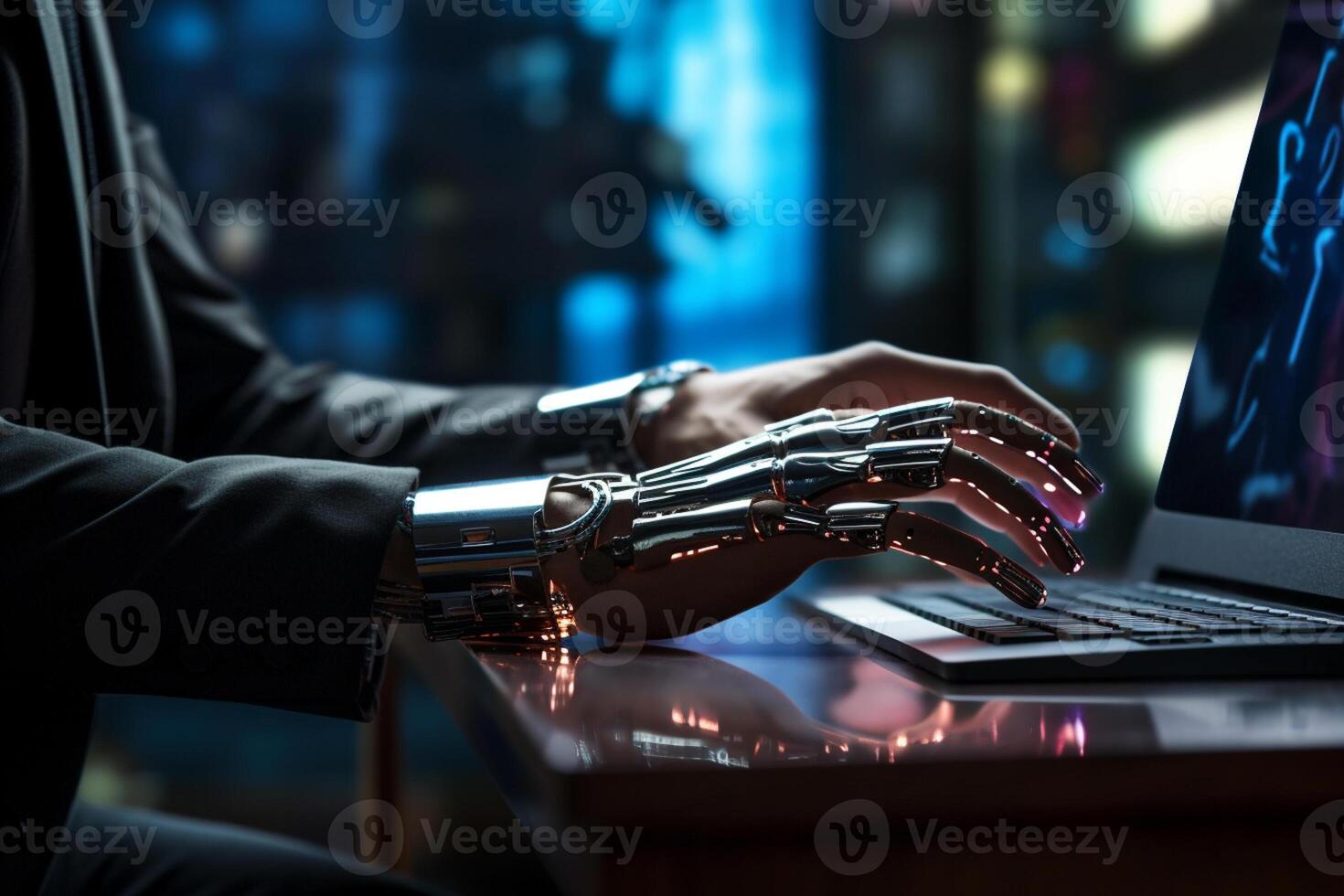 a person is using an artificial hand on their computer with photo