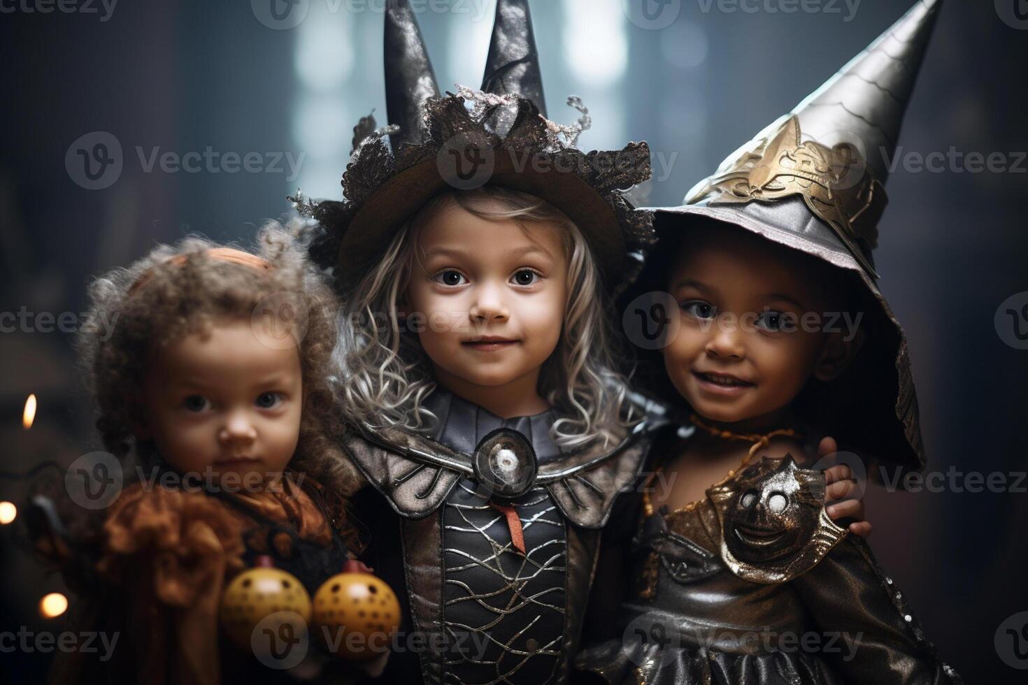three little kids in costume celebrating halloween together with photo