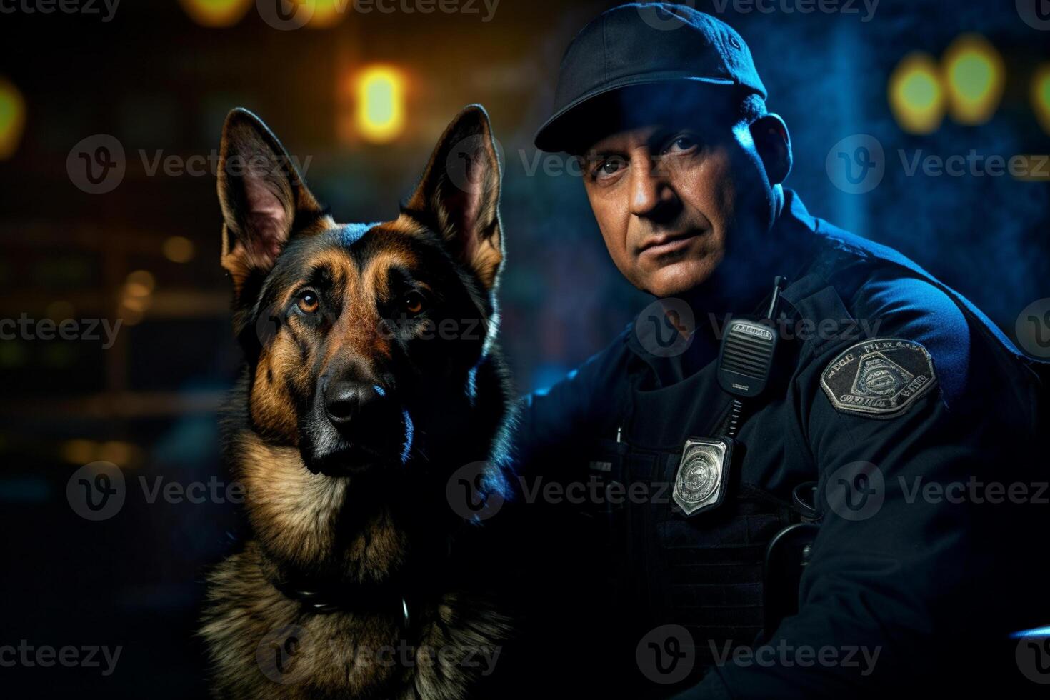 policeman with his german shepard with photo
