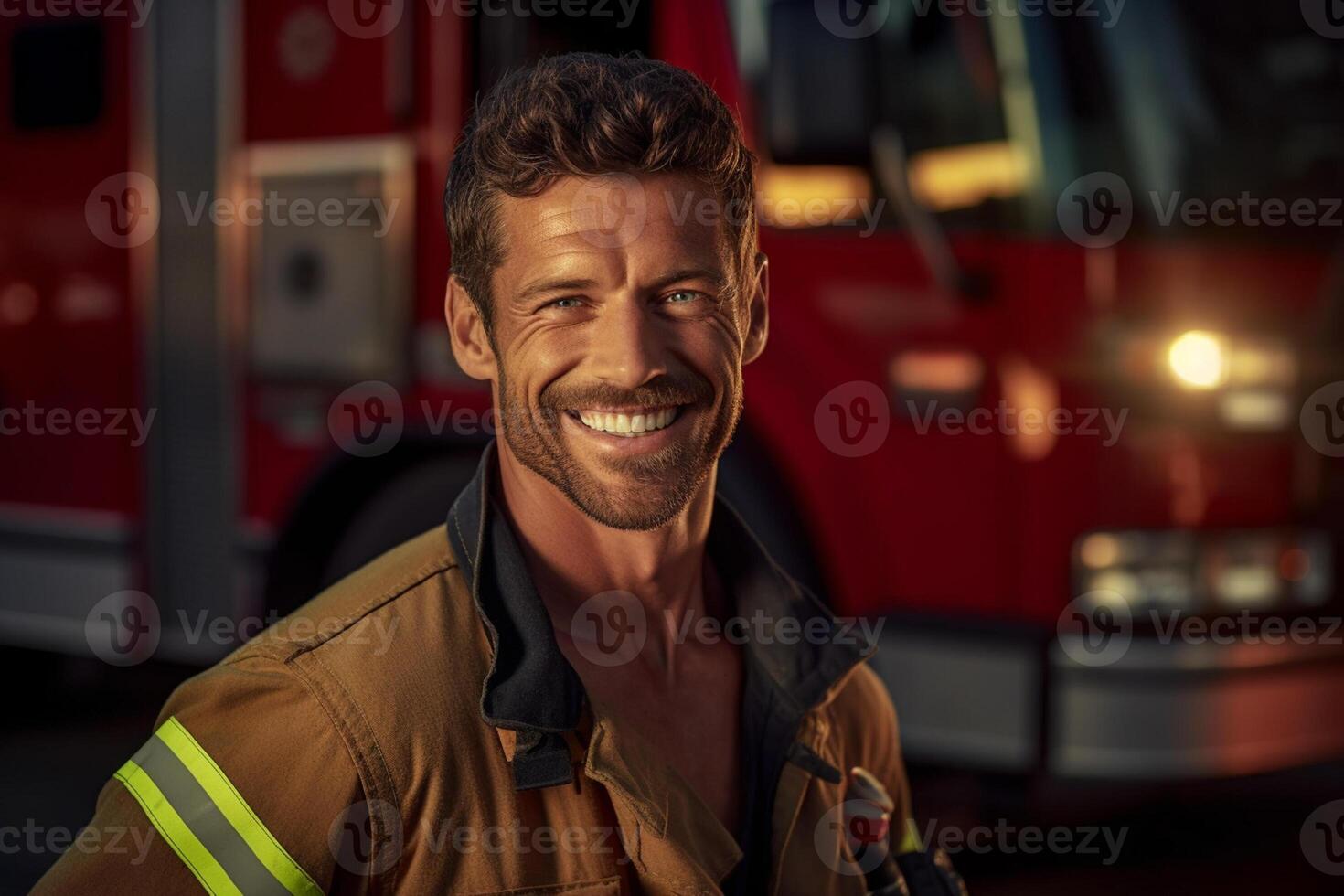 a smiling male firefighter in front of the fire truck with photo